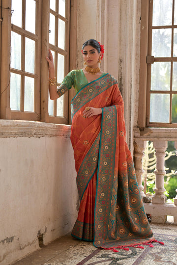 Maaham | Coral Peach Banarasi Silk Zari & Resham Weave Saree | Banarasii