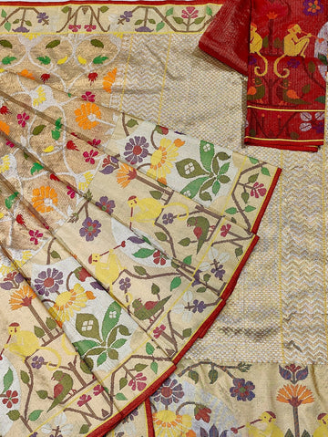 Sheeshmahal | Antique Gold Pure Handloom Double Tissue Zari Kota GI Tagged Saree | Banarasii