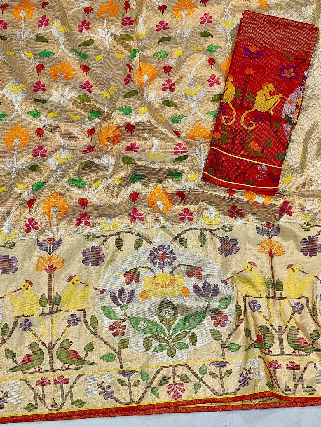 Sheeshmahal | Antique Gold Pure Handloom Double Tissue Zari Kota GI Tagged Saree | Banarasii