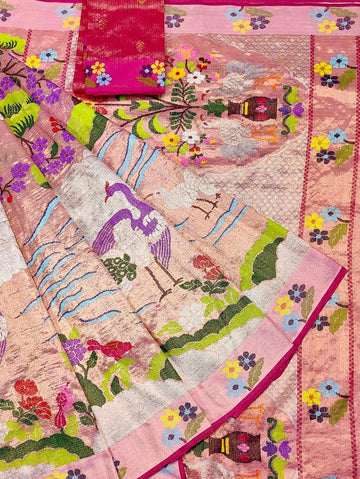 Firdaus - Rose Blush Pure Gold Double Tissue Zarikota GI Tagged Handloom Saree | Banarasii