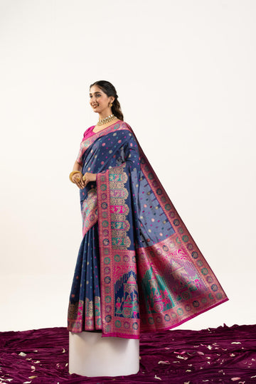 Gulrukh | Steel Blue Banarasi Silk Zari & Resham Weave Saree | Banarasii