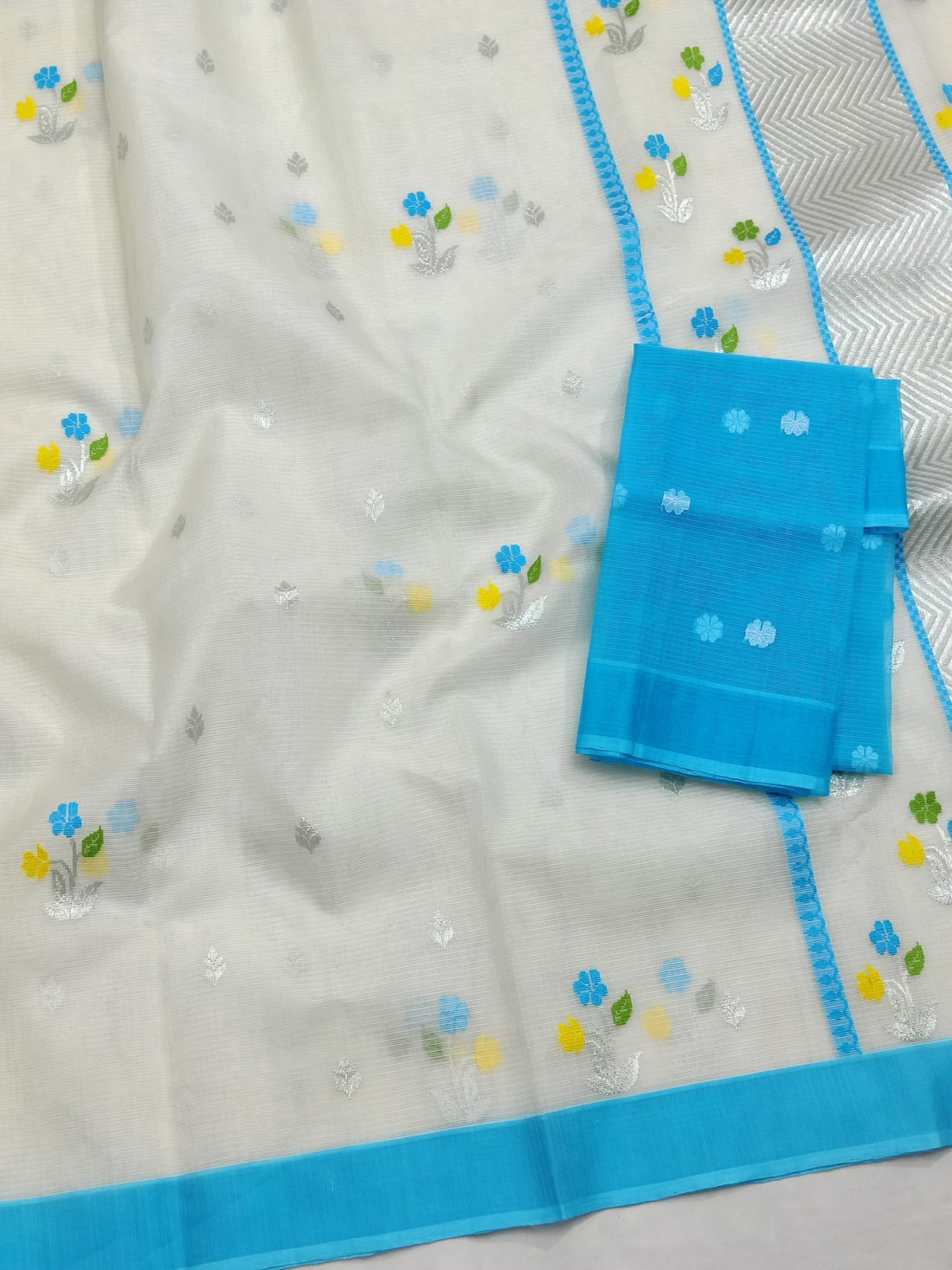 Aabroo - Ivory Blue Pure Zarikota Handloom GI Tagged Weaved Saree | Banarasii