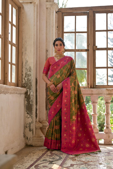 Maaham | Olive Green Banarasi Silk Zari & Resham Weave Saree | Banarasii