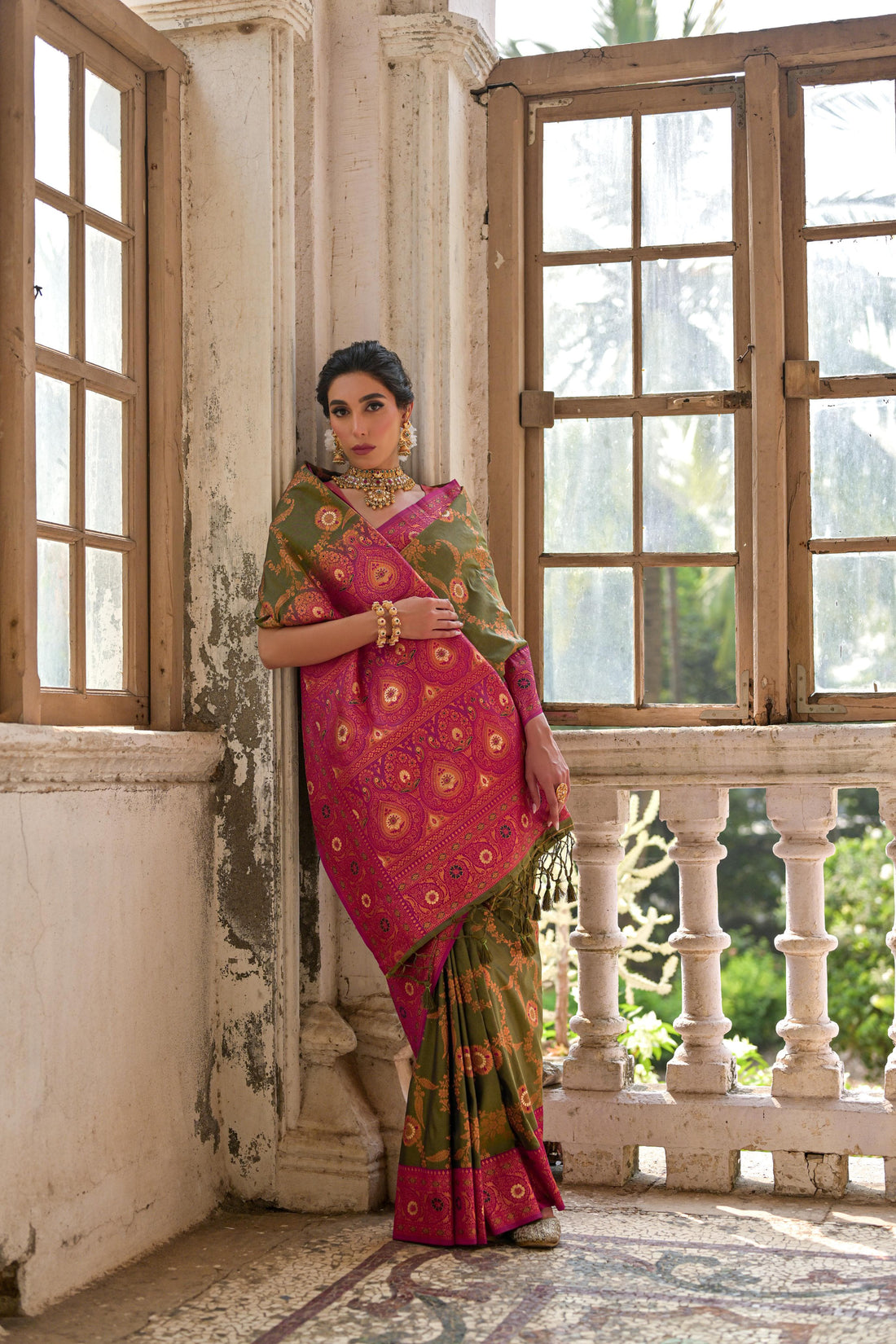 Maaham | Olive Green Banarasi Silk Zari & Resham Weave Saree | Banarasii