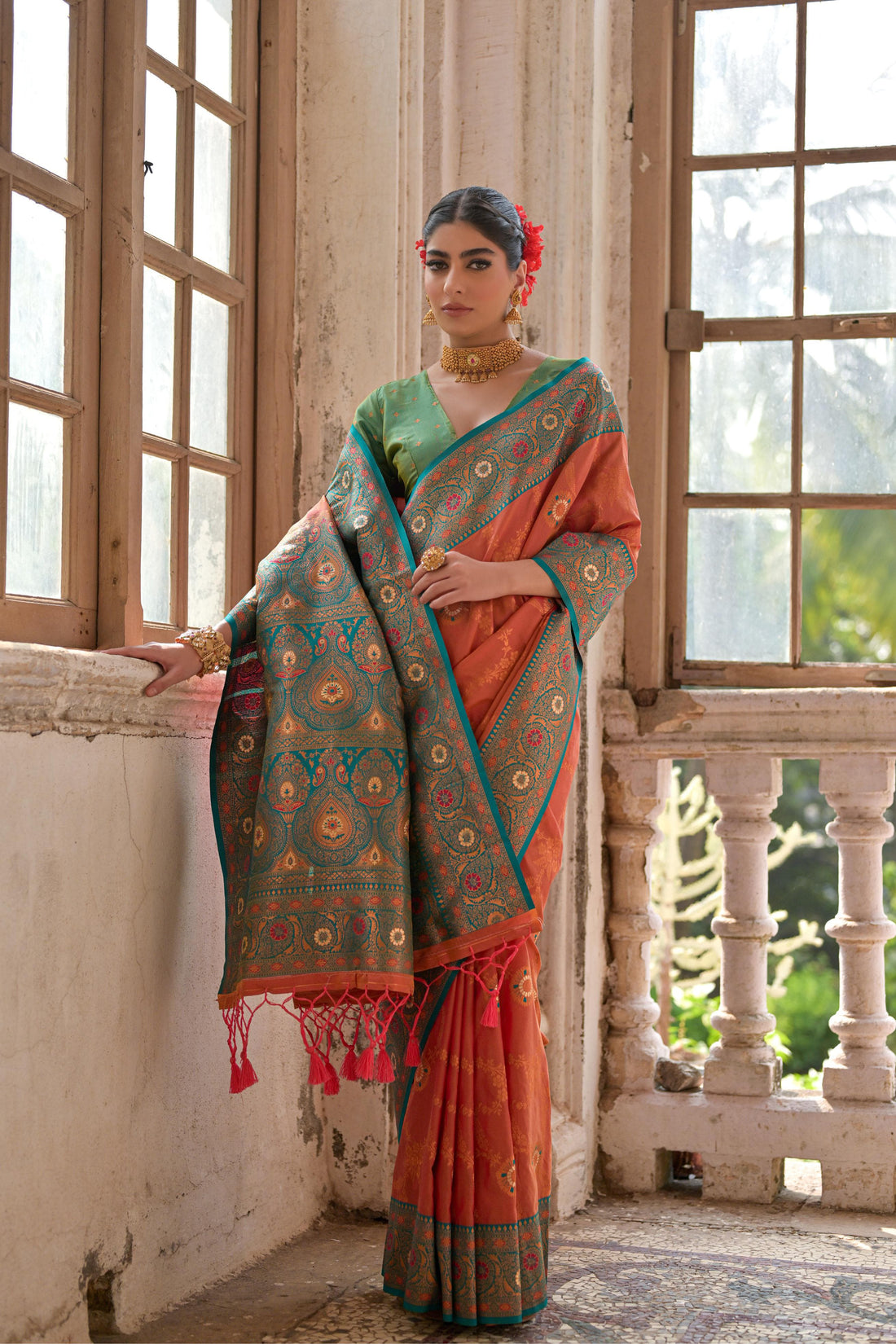 Maaham | Coral Peach Banarasi Silk Zari & Resham Weave Saree | Banarasii