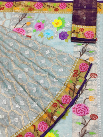 Shabnam - Mist Blue Pure Handloom Single Tissue Zarikota GI Tagged Saree | Banarasii