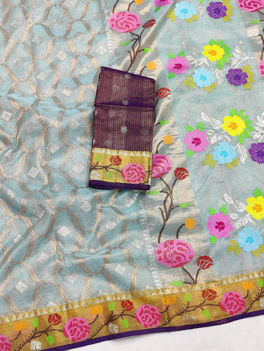 Shabnam - Mist Blue Pure Handloom Single Tissue Zarikota GI Tagged Saree | Banarasii