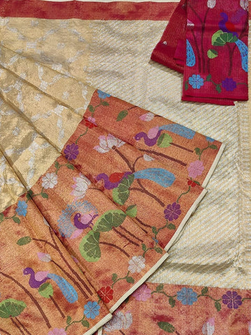 Chaman | Champagne Gold Pure Handloom Double Tissue Zari Kota GI Tagged Saree | Banarasii