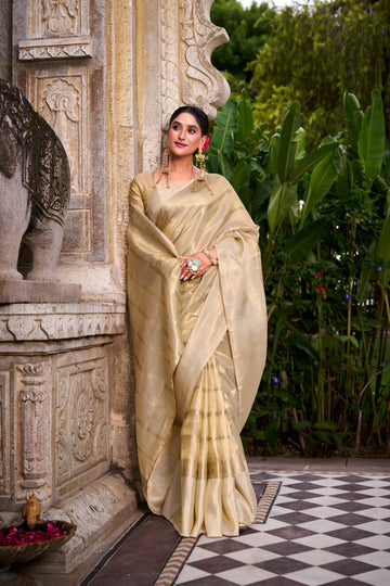 Zarnigaar - Moonlit Gold Organza Tissue Silk Saree | Banarasii