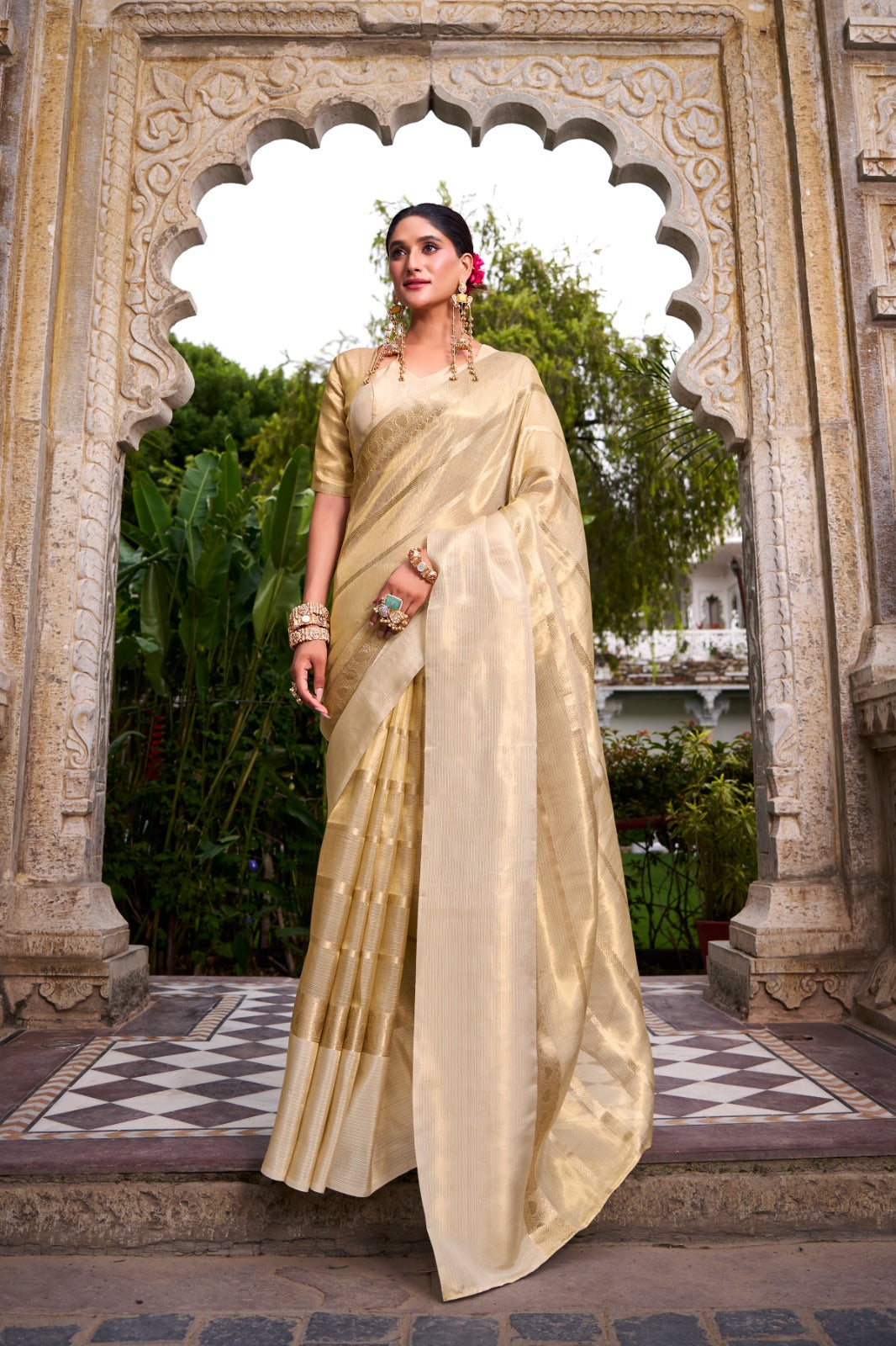 Zarnigaar - Moonlit Gold Organza Tissue Silk Saree | Banarasii