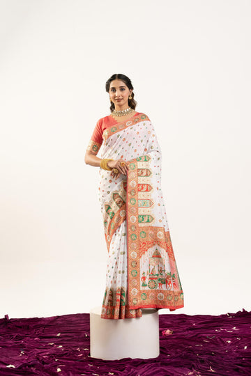Gulrukh | White Banarasi Silk Zari & Resham Weave Saree | Banarasii
