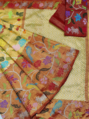 Naghma | Honey Gold Pure Handloom Double Tissue Zari Kota GI Tagged Saree | Banarasii