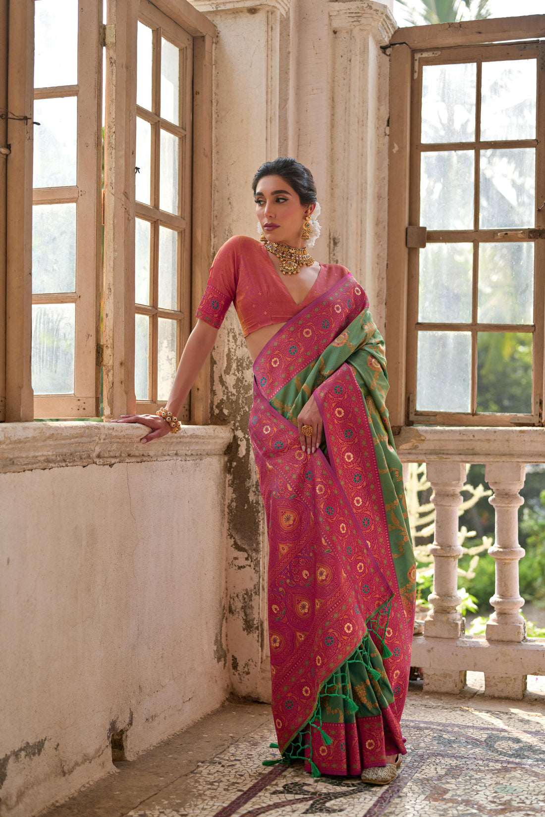 Maaham | Emerald Green Banarasi Silk Zari & Resham Weave Saree | Banarasii