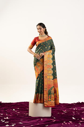 Gulrukh | Deep Forest Green Banarasi Silk Zari & Resham Weave Saree | Banarasii