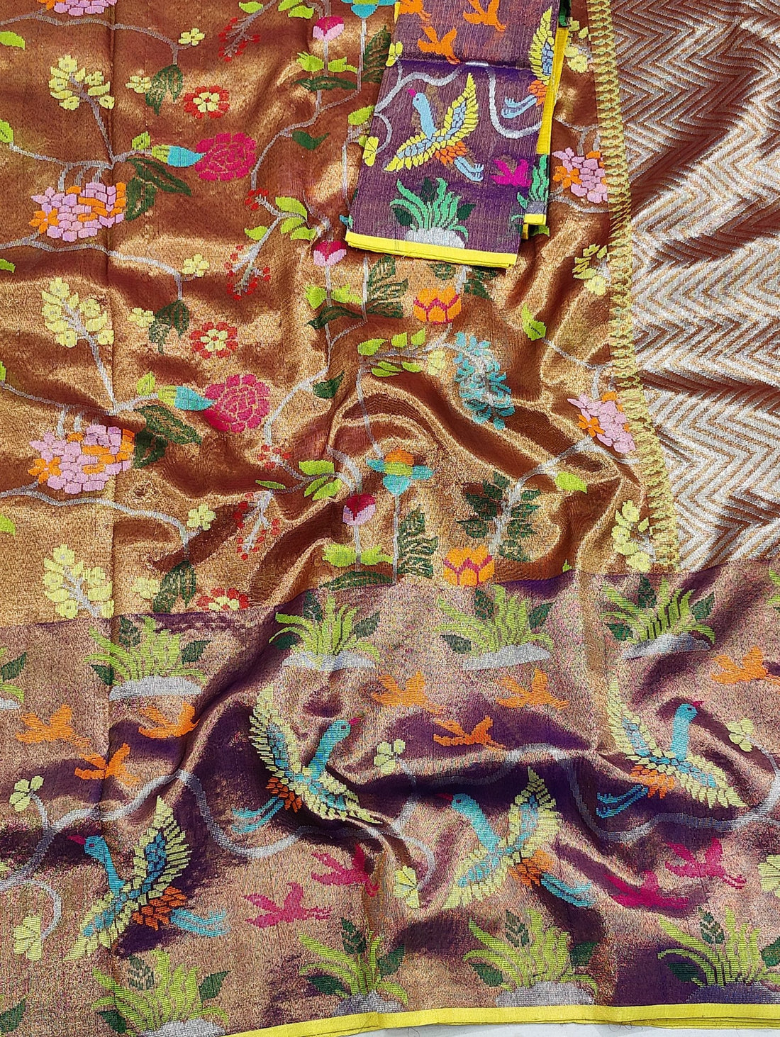 Huma | Burnished Bronze Pure Handloom Double Tissue Zari Kota GI Tagged Saree | Banarasii