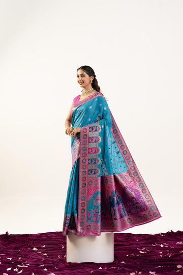 Gulrukh | Turquoise Blue Banarasi Silk Zari & Resham Weave Saree | Banarasii