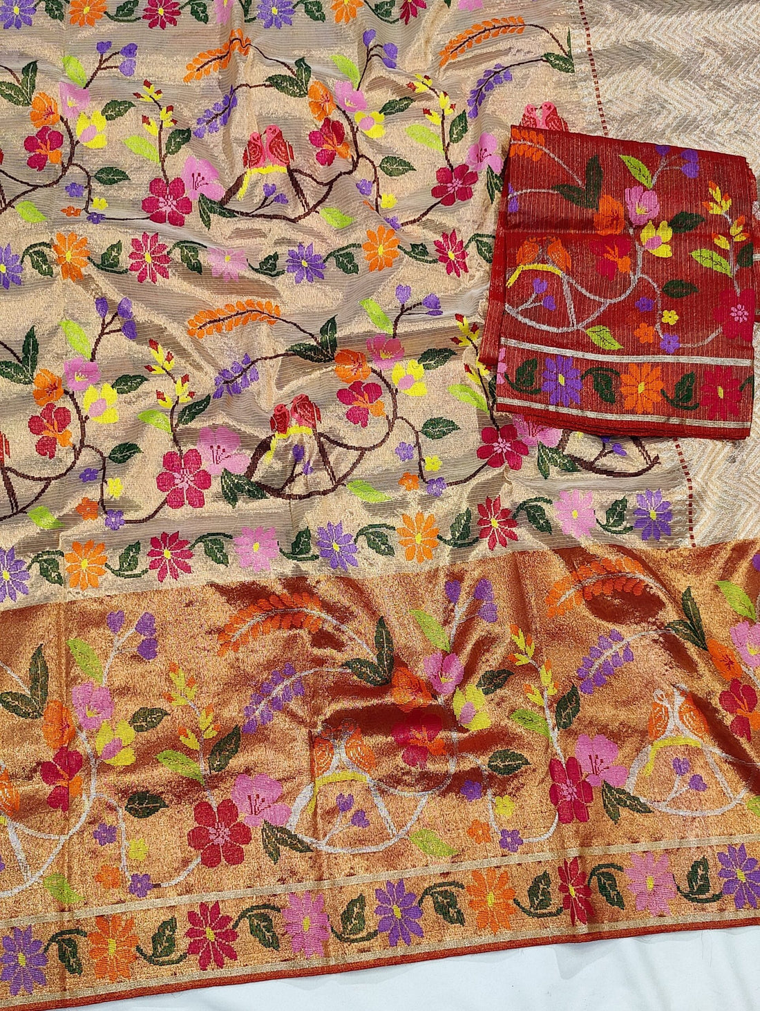 Rangmahal | Pearl Gold Pure Handloom Double Tissue Zari Kota GI Tagged Saree | Banarasii