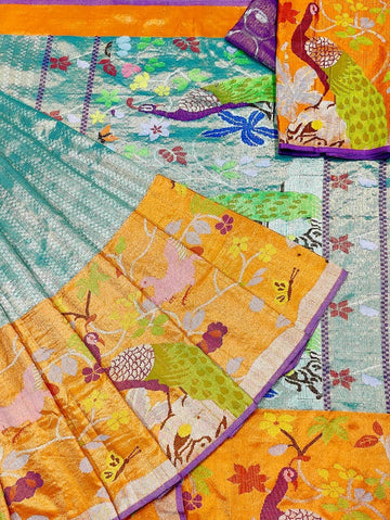 Zarrin | Aqua Silver Pure Handloom Double Tissue Zari Kota GI Tagged Saree | Banarasii