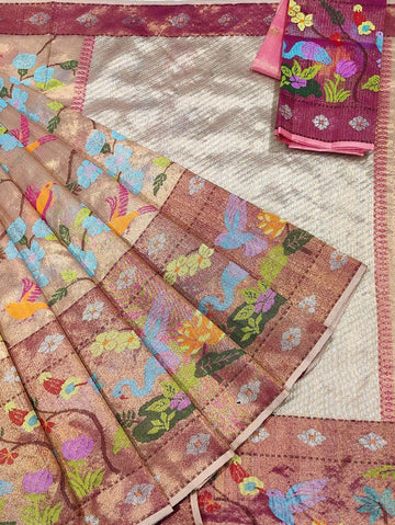 Gulmarg | Rose Champagne Pure Handloom Double Tissue Zari Kota GI Tagged Saree | Banarasii