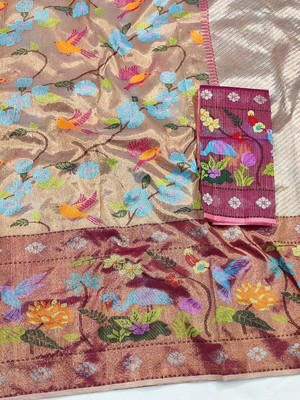 Gulmarg | Rose Champagne Pure Handloom Double Tissue Zari Kota GI Tagged Saree | Banarasii