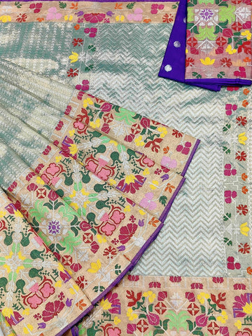 Naqqash | Mint Ivory Pure Handloom Double Tissue Zari Kota GI Tagged Saree | Banarasii