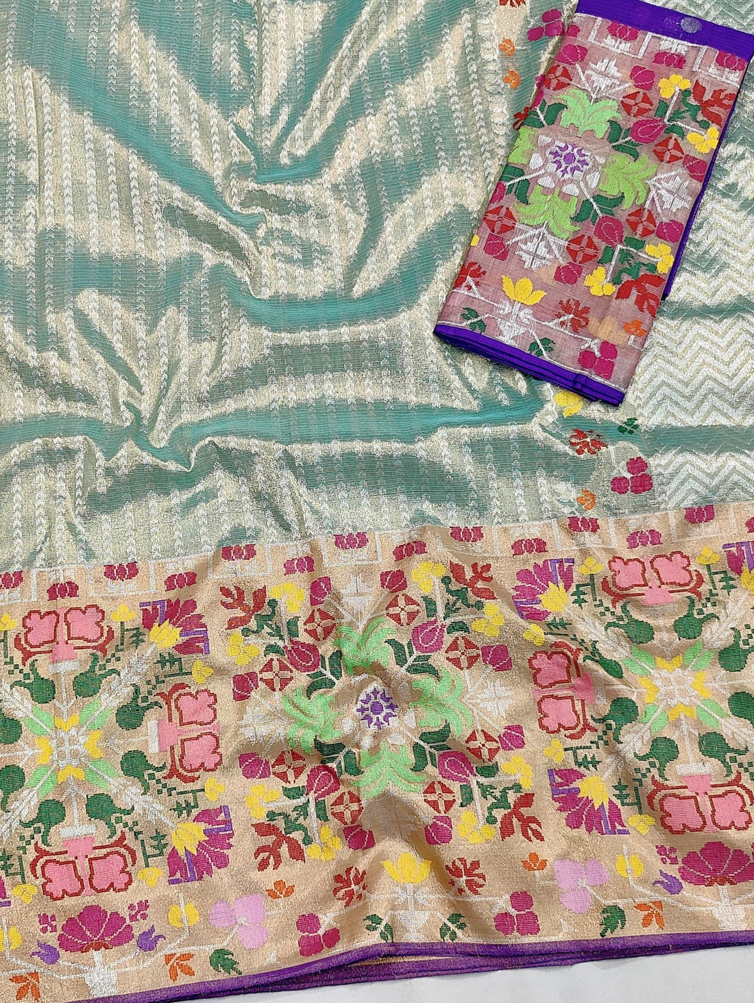 Naqqash | Mint Ivory Pure Handloom Double Tissue Zari Kota GI Tagged Saree | Banarasii