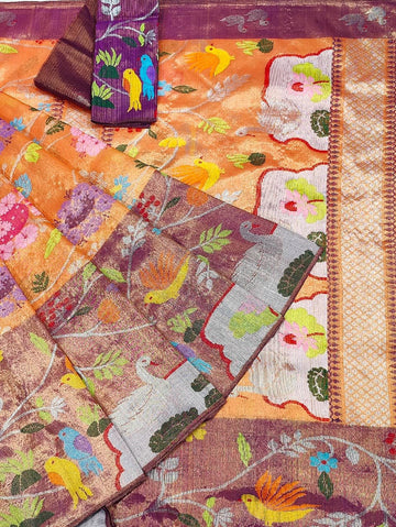 Gulzaiba | Apricot Gold Pure Handloom Double Tissue Zari Kota GI Tagged Saree | Banarasii