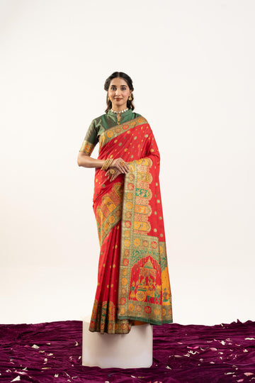 Gulrukh | Vermilion Red Banarasi Silk Zari & Resham Weave Saree | Banarasii