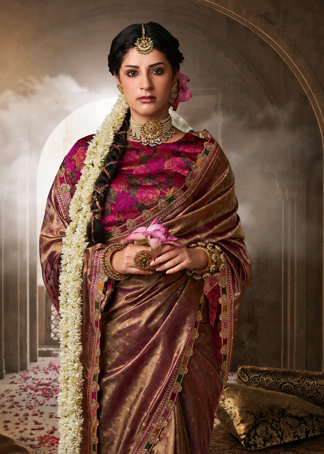 Rimsha | Antique Mauve Bronze Premium Tissue Silk Lace Border Saree | Banarasii