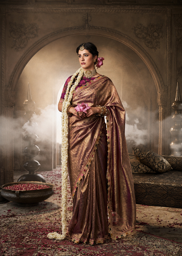 Rimsha | Antique Mauve Bronze Premium Tissue Silk Lace Border Saree | Banarasii
