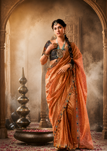 Rimsha | Royal Peach Gold Premium Tissue Silk Lace Border Saree | Banarasii