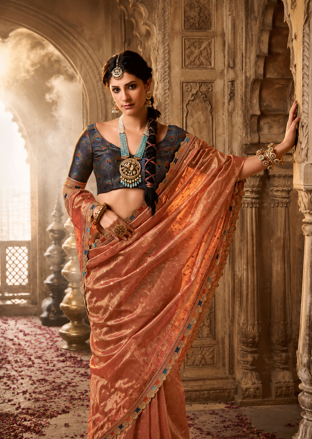 Rimsha | Royal Peach Gold Premium Tissue Silk Lace Border Saree | Banarasii