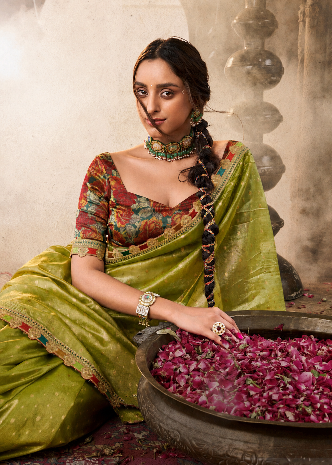 Rimsha | Pistachio Olive Premium Tissue Silk Lace Border Saree | Banarasii