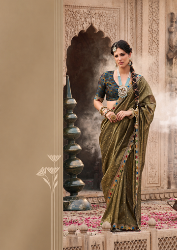 Rimsha | Imperial Olive Premium Tissue Silk Lace Border Saree | Banarasii