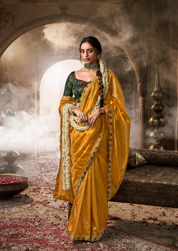 Rimsha | Saffron Gold Premium Tissue Silk Lace Border Saree | Banarasii