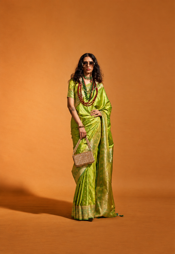 Shehzadi | Parrot Green | Pure Banarasi Silk Rich Zari Weaved Saree | Banarasii