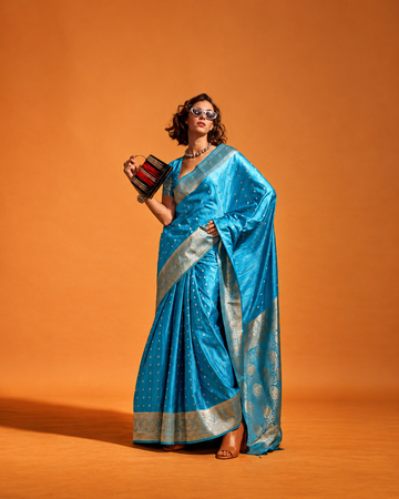 Shehzadi | Azure Blue | Pure Banarasi Silk Rich Zari Weaved Saree | Banarasii