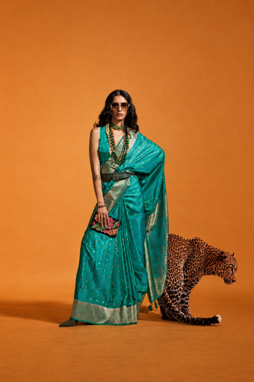 Shehzadi | Peacock Teal | Pure Banarasi Silk Rich Zari Weaved Saree | Banarasii
