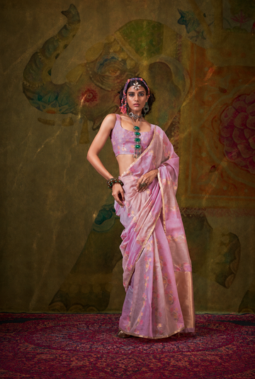 Hoorain | Lilac Blush Banarasi Silk Rich Zari Resham Weaved Saree | Banarasii