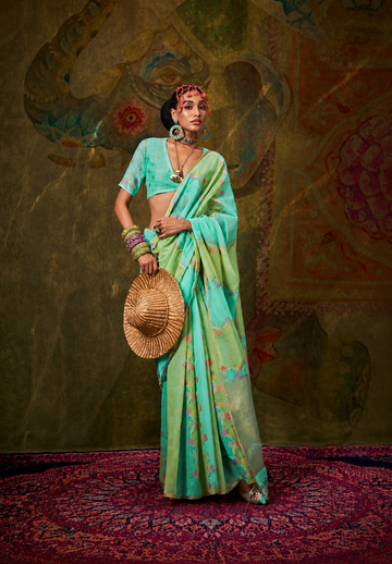 Hoorain | Seafoam Mint Banarasi Silk Rich Zari Resham Weaved Saree | Banarasii