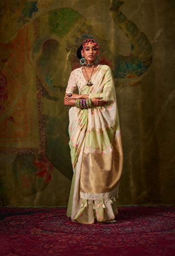 Hoorain | Ivory Pistachio Banarasi Silk Rich Zari Resham Weaved Saree | Banarasii