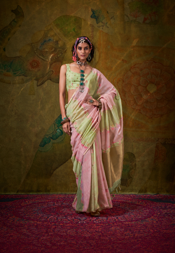 Hoorain | Blush Pistachio Banarasi Silk Rich Zari Resham Weaved Saree | Banarasii