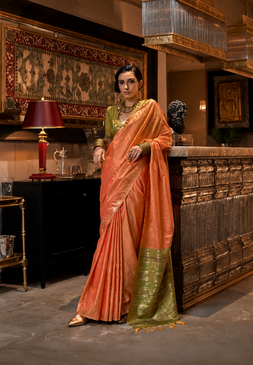 Zarafshan | Coral Peach Banarasi Silk Rich Zari Weaved Saree | Banarasii