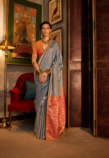 Zarafshan | Steel Mist Blue Banarasi Silk Rich Zari Weaved Saree | Banarasii