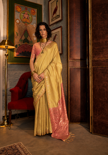 Zarafshan | Champagne Gold Banarasi Silk Rich Zari Weaved Saree | Banarasii