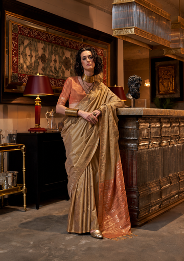 Zarafshan | Antique Gold Banarasi Silk Rich Zari Weaved Saree | Banarasii