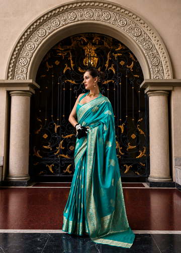 Tajalli | Peacock Teal Banarasi Silk Rich Zari Weaved Saree | Banarasii