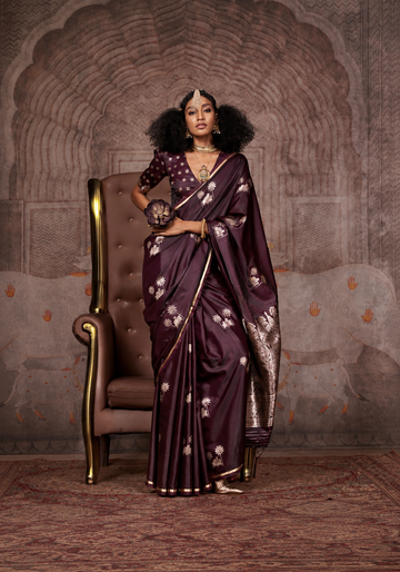 Mahveen | Royal Aubergine Banarasi Satin Silk Zari Weaved Saree | Banarasii