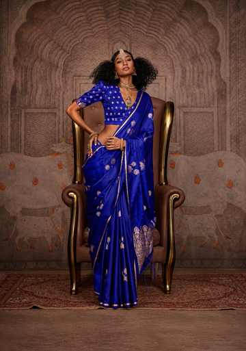 Mahveen | Sapphire Royale Banarasi Satin Silk Zari Weaved Saree | Banarasii