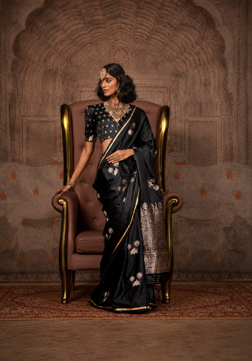 Mahveen | Noir Onyx Banarasi Satin Silk Zari Weaved Saree | Banarasii